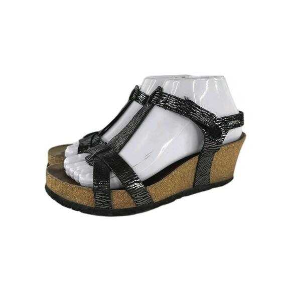 Mephisto Liviane Black Zebra Leather Wedge US 7.5 Womens Comfort Sandals Shoes - Picture 1 of 14